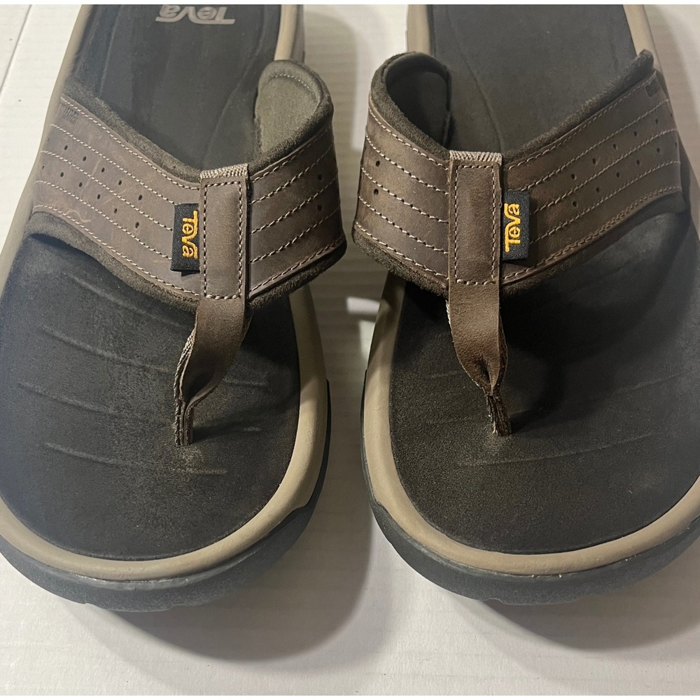 Teva Langdon Flip Flops Mens 13 Brown Waterproof Leather Thong Sandals Outdoor - Picture 2 of 8